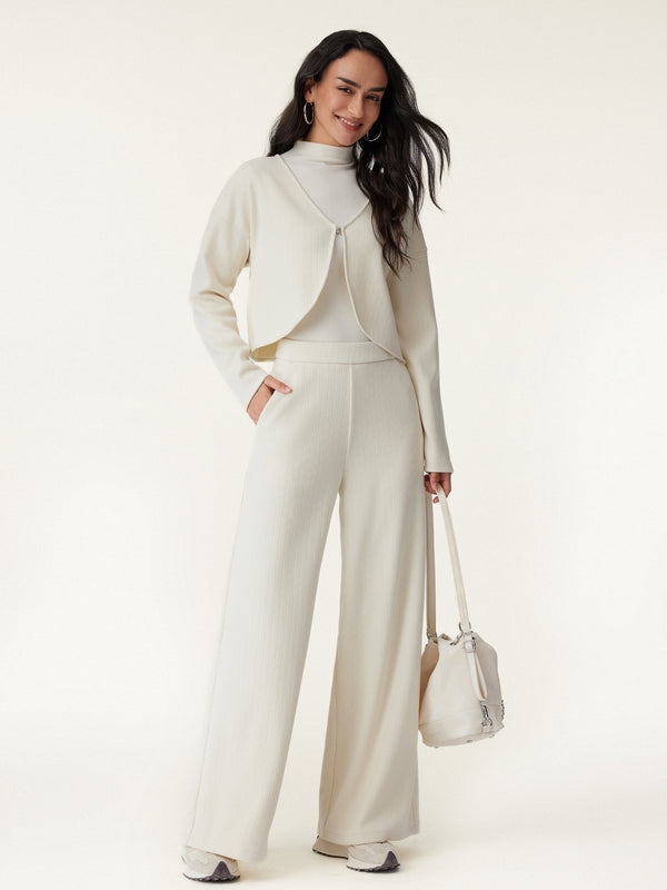 2Pcs Set V-Neck Jacket & Wide Leg Pant