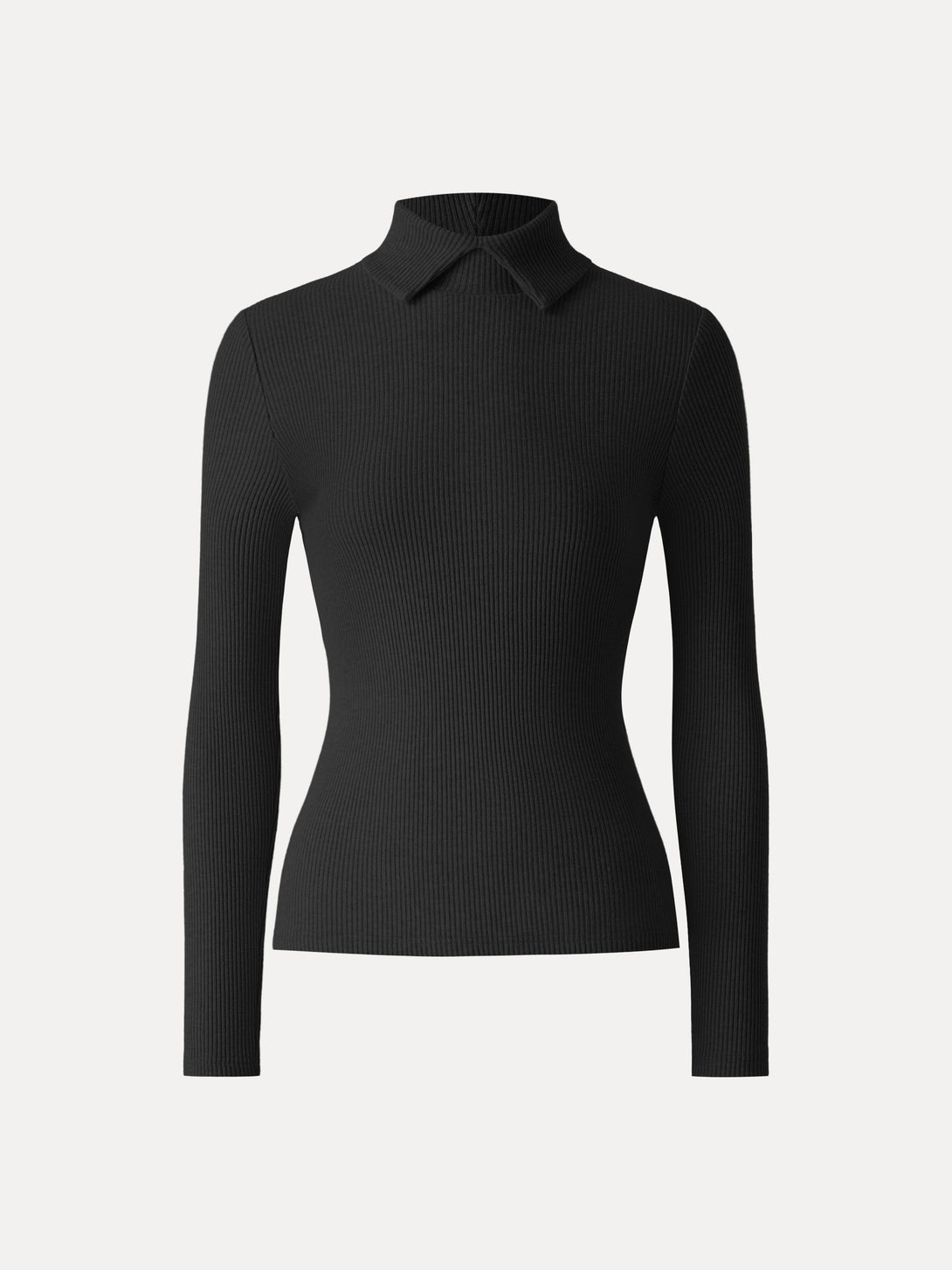Ribbed Stand Collar Long Sleeve Top Black XS