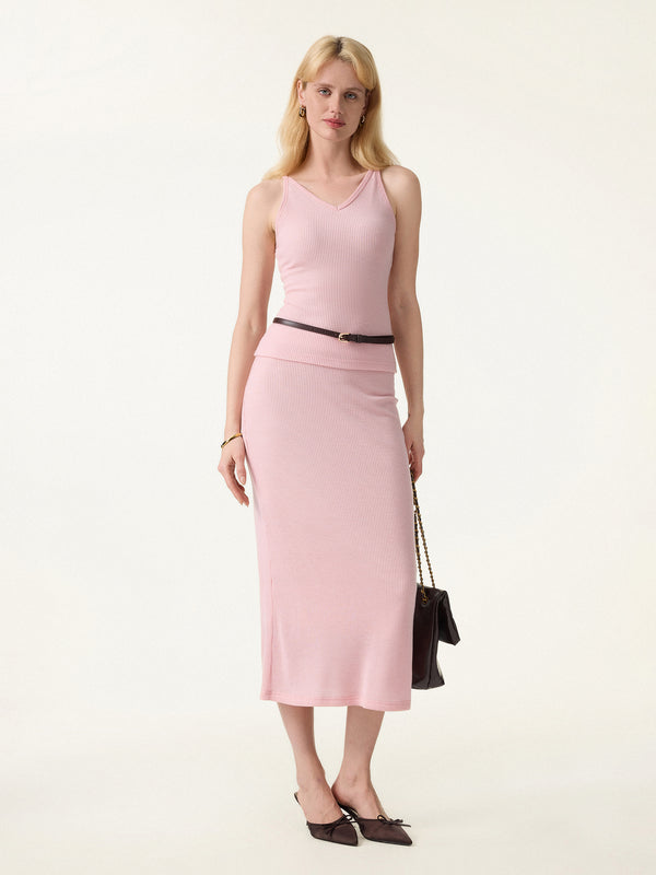 2Pcs Set V-Neck Spaghetti Bra Tank & Stretchy Ribbed Midi Flare Skirt Pink Dream XS