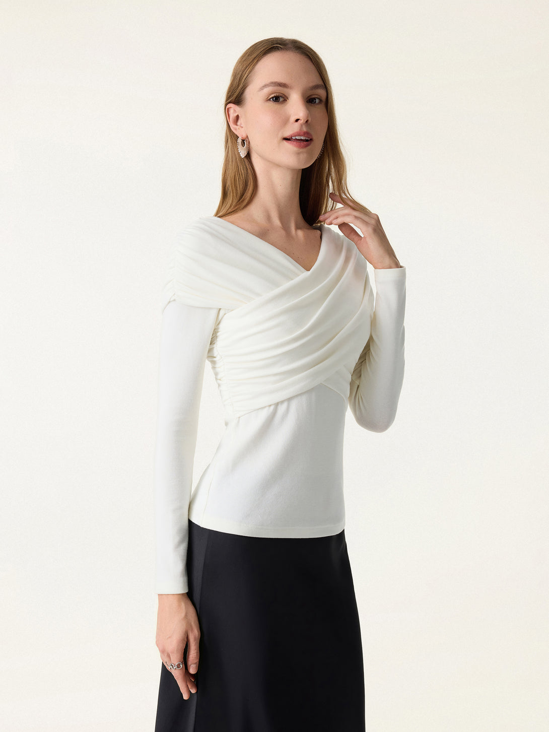 2Pcs Set Ruched V-Neck Surplice Brami & Cashmere-like Flared Maxi Skirt