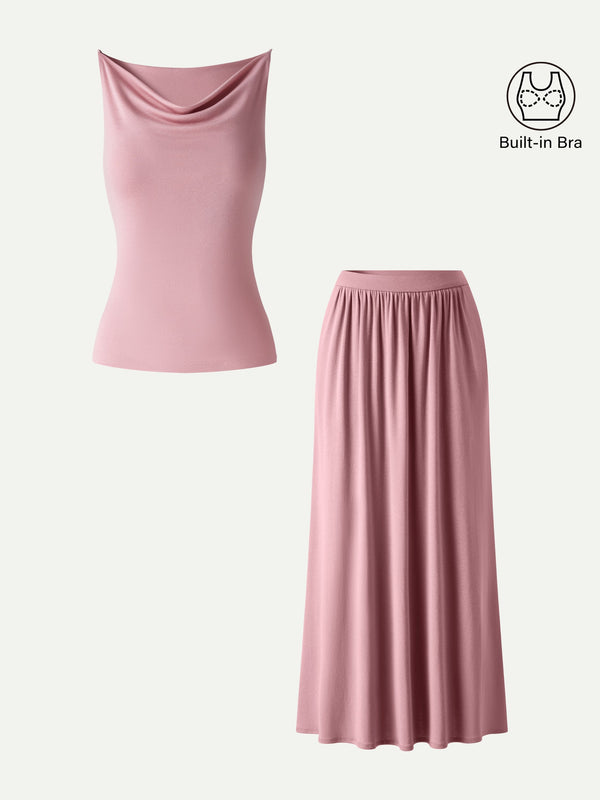 OGLmove 2Pcs Set Cowl Neck Bra Tank & A-Line Maxi Skirt with Pockets