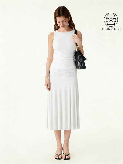 2Pcs Set Open Back Bra Tank & Side Ruched A-line Midi Skirt White/Pure White XS