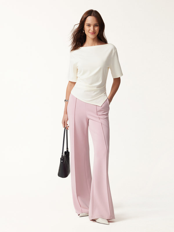 OGLmove Cotton Blend Boatneck Elbow Sleeve Asymmetrical Tucked Top