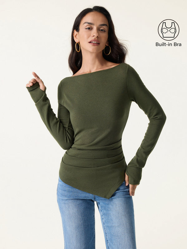 OGLmove ProWarm Boatneck Side Tucks Asymmetrical Bra Top