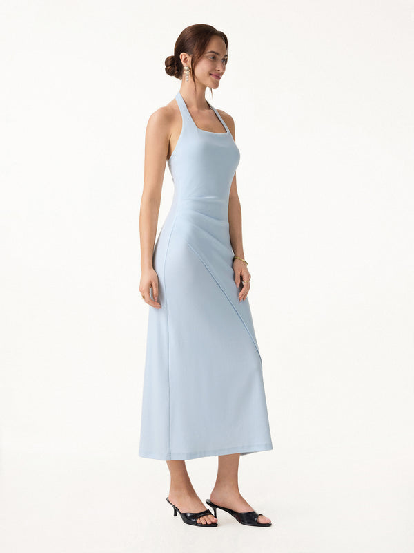 OGLmove Cotton Lyocell Halter Square Neck Tucked Maxi Dress Blue Air XS