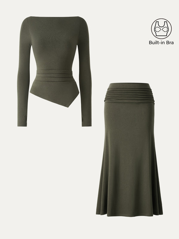 OGLmove 2Pcs Set Asymmetrical Built-In Bra Top 2.0 & Mid-Rise Ruched Flared Midi Skirt