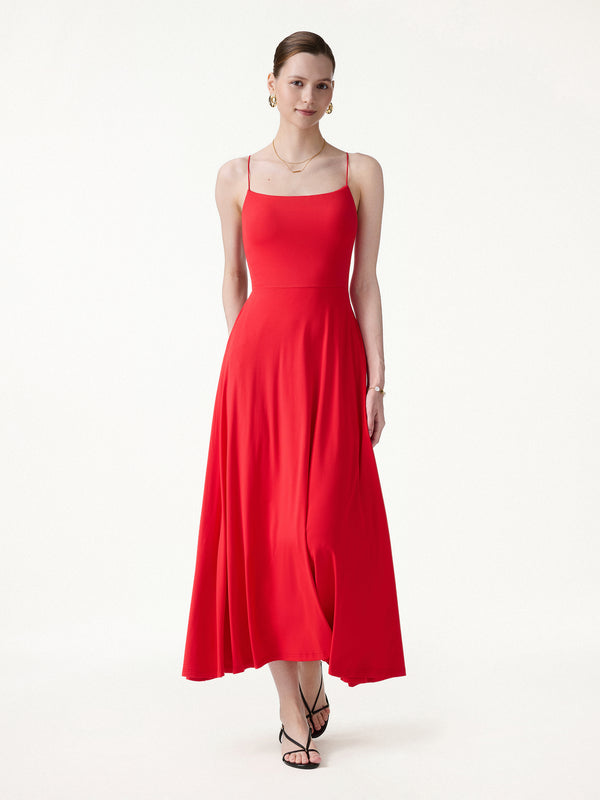 OGLmove SkinKiss Classy Spaghetti Open Back Midi Bra Dress with Pockets
