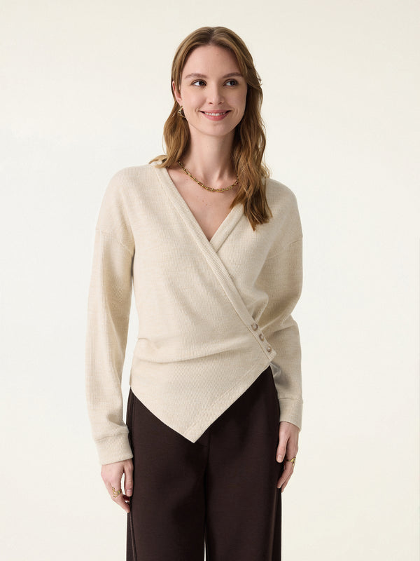 Cozy Knit Buttoned Wrap Cardigan Heather Tan XS