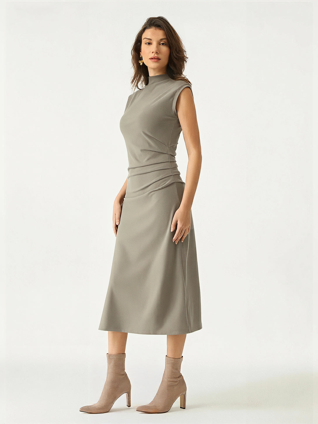Mockneck Tucks Midi Dress Regular Roast Grey