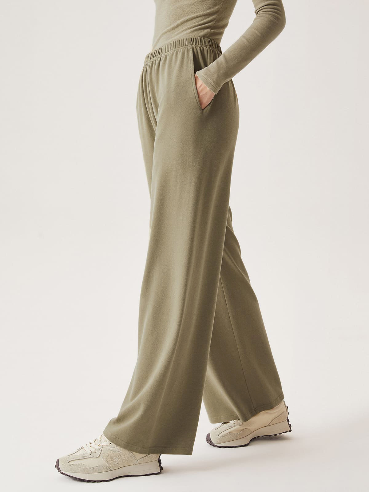 Elastic Waist Tappered Wide Leg Pants - Griege