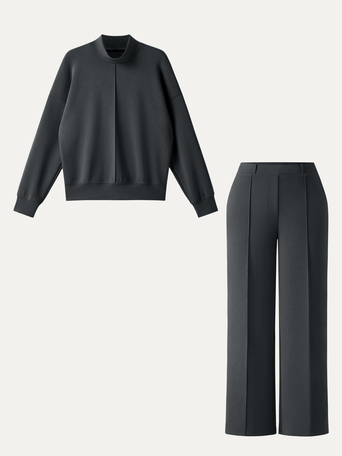 2Pcs Set Petite Mid Rise Straight Leg Pants with Pockets & Mockneck Pullover Shirt Blue Charcoal XS