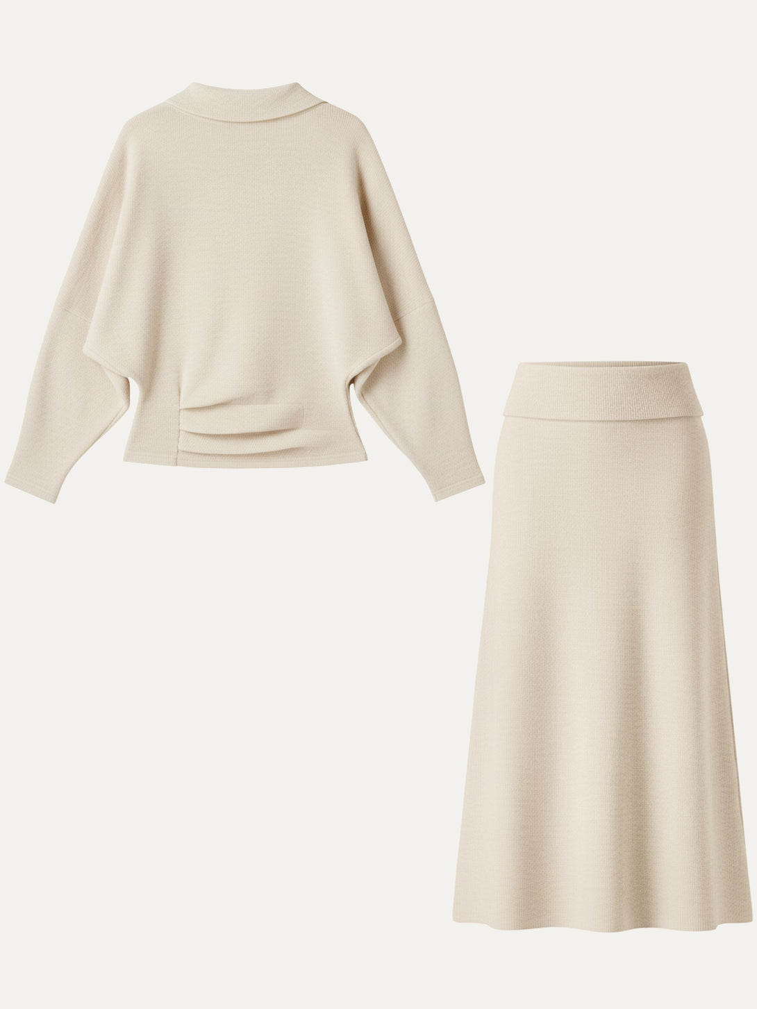 2Pcs Set Mockneck Tucked Top & Fold-Down Waistband A-line Maxi Skirt Heather Tan XS