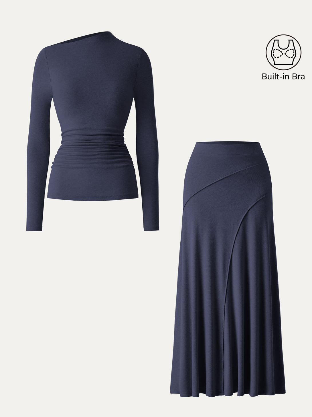 2Pcs Set Slanted Mockneck Ruched Brami & Mid Rise Pull-on Flared Maxi Skirt Midnight Navy XS