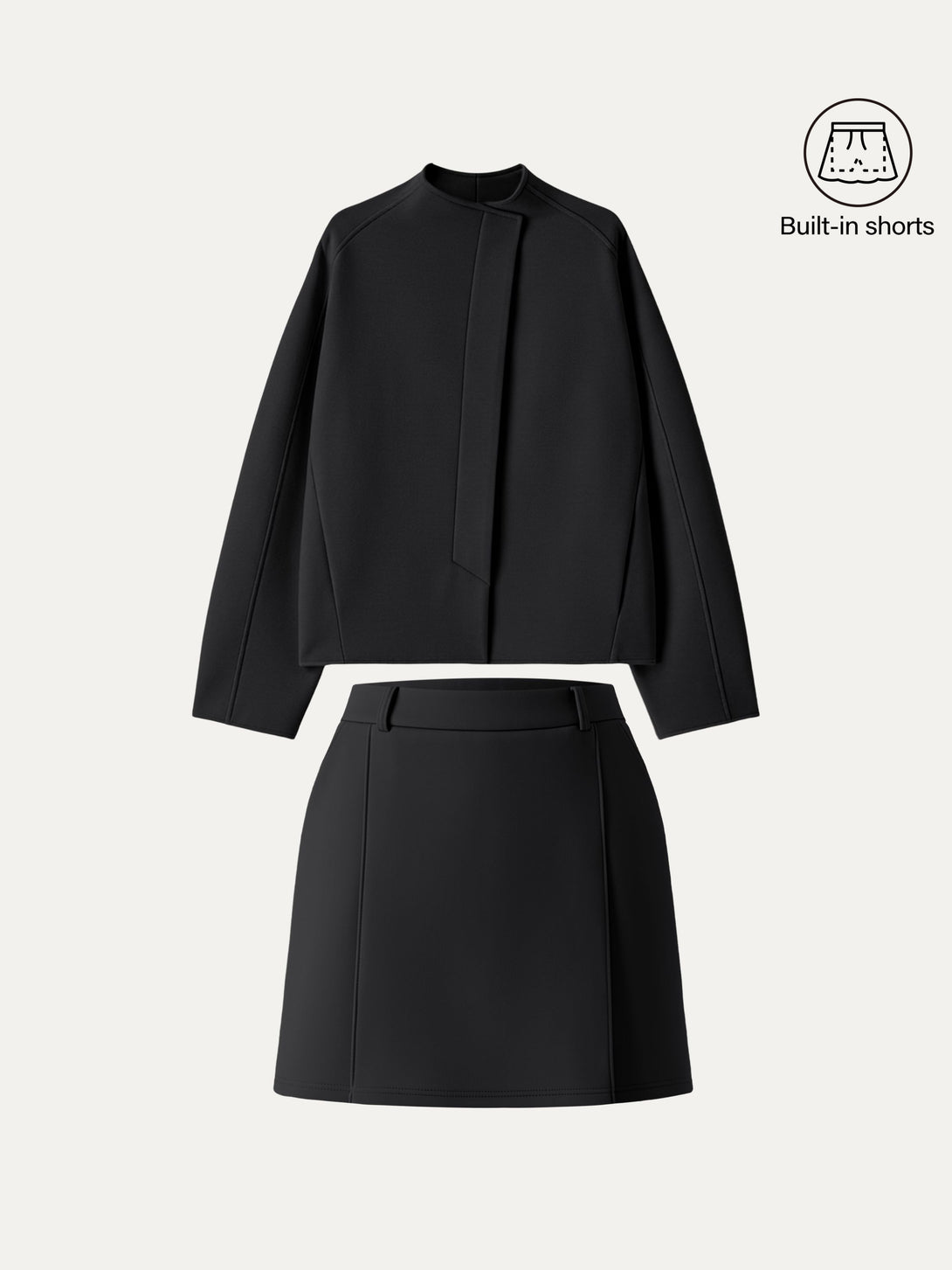 2Pcs Set Stand Collar Cropped Jacket & A-Line Pull on Skorts with Pockets Black XS