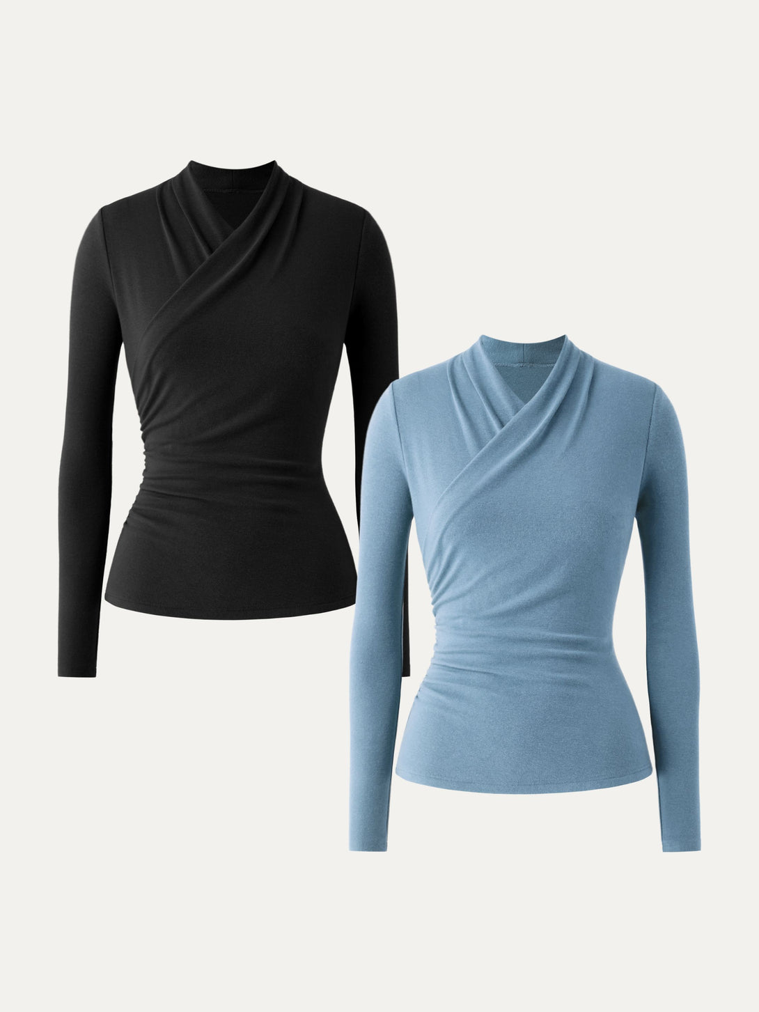 2Pcs Set Surplice Long Sleeve Top Black/Dusk Blue XS