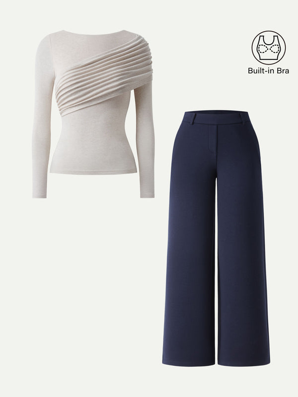 2Pcs Set Mid Rise Straight Leg Pull-on Pants & Semi Sheer Long Sleeve Brami Top Universe Navy/Heather Fog Ivory XS