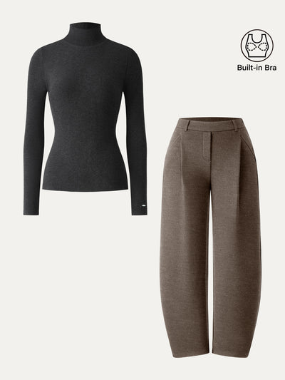 2Pcs Set MaxWarm Turtleneck Brami & Petite Mid Rise Barrel Leg Pull-on Pants Heather Black/Heather Milk Chocolate XS