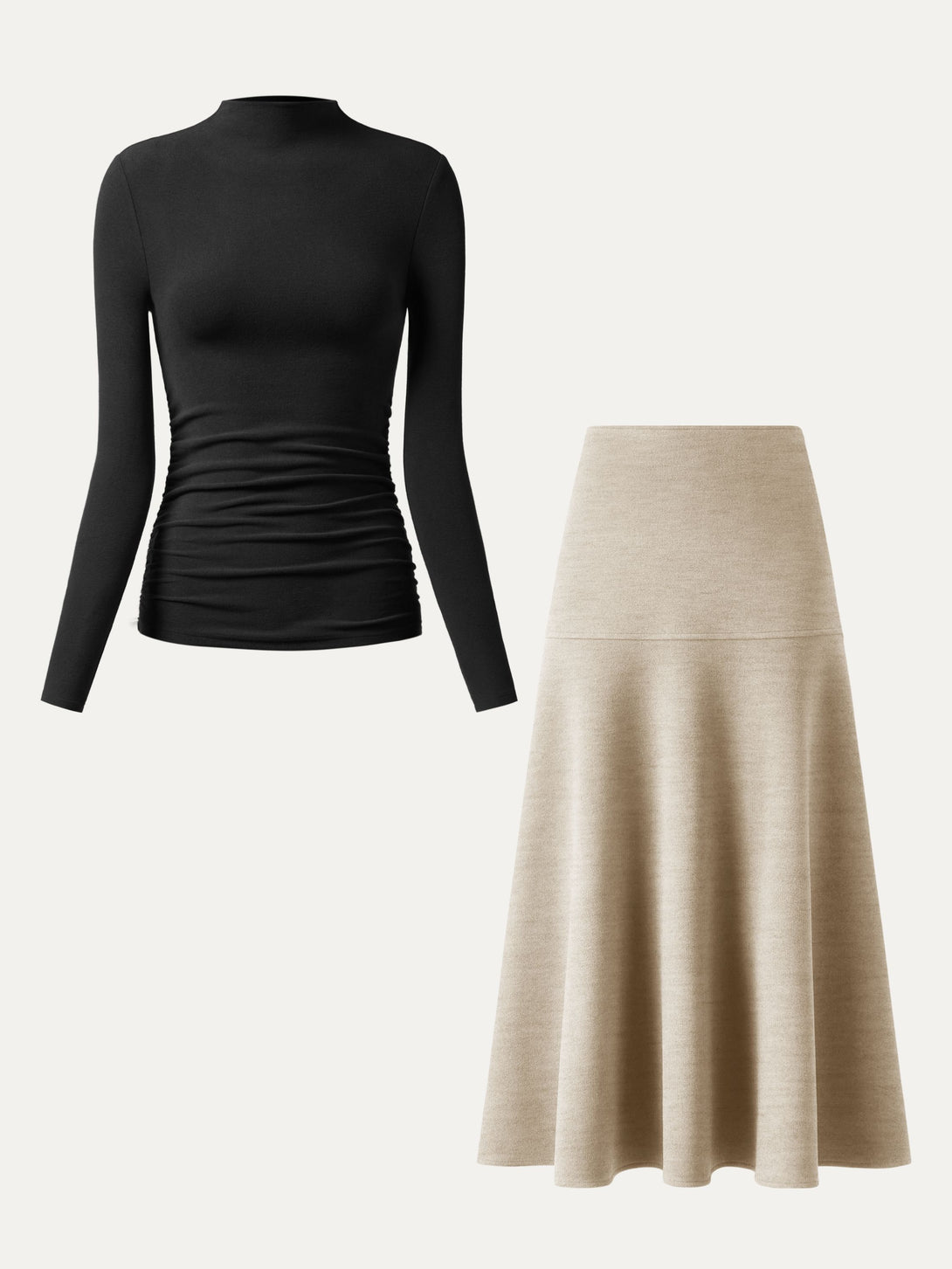 2Pcs Set Ruched Sides Tuckable Mockneck Top & Flared Maxi Skirt