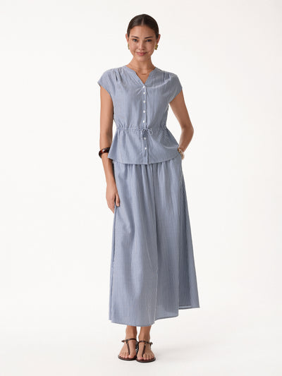 OGLmove 2Pcs Set Drawstring Waist Poplin Shirt & High Rise Midi Skirt with Pockets Navy/White Stripe XS