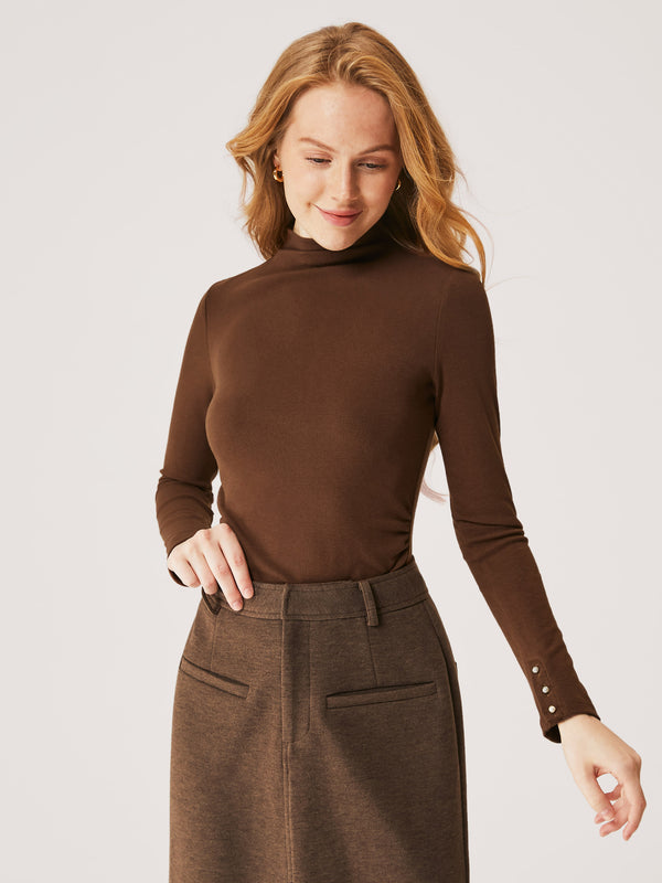 Pearl-Buttoned Cuff Mockneck Top