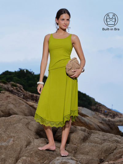 OGLmove 2Pcs Set Scoop Neck Bra Top & Lace Trim Midi Circle Flare Skirt Sprout Green XS