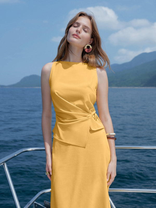 OGLmove Linen-Like Boatneck Waist-Defined Top Dandelion Yellow XS