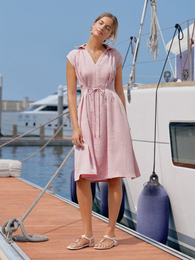 OGLmove Viscose-Linen V-neck Midi Dress with Drawstring Soft Pink XS