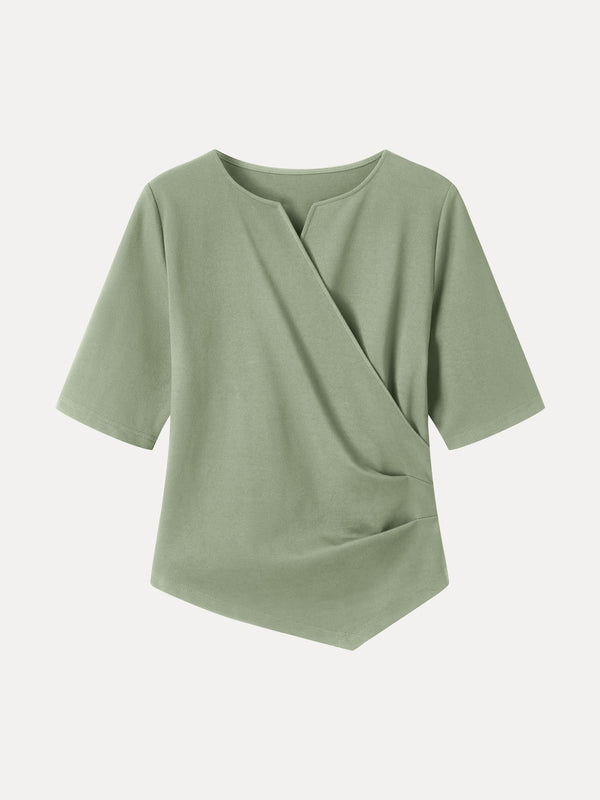 OGLmove Ponte Surplice Elbow Sleeve Asymmetrical Hem Top Laurel Green XXS