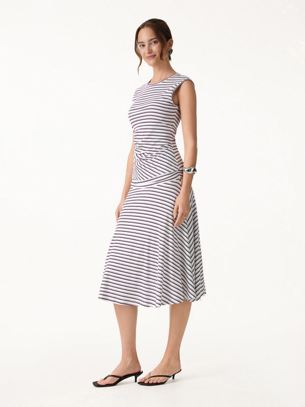 OGLmove 2Pcs Set Striped Tucked Sleeveless Bra Top & Circle Flare Ruched Midi Skirt