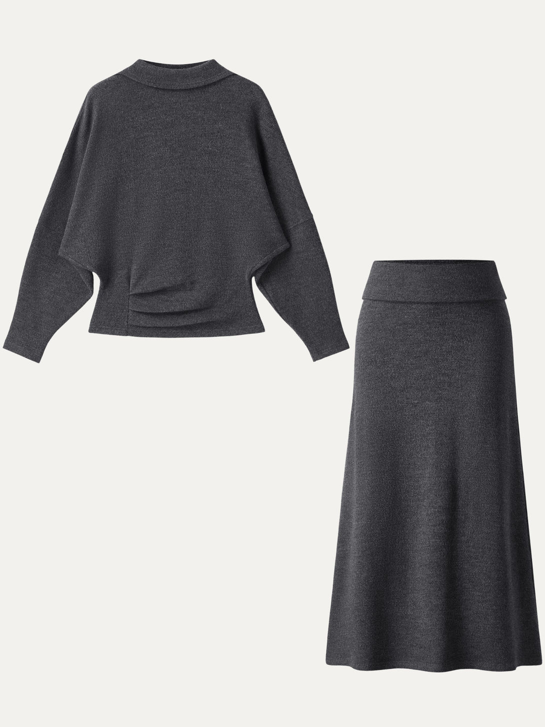 2Pcs Set Mockneck Tucked Top & Fold-Down Waistband A-line Maxi Skirt