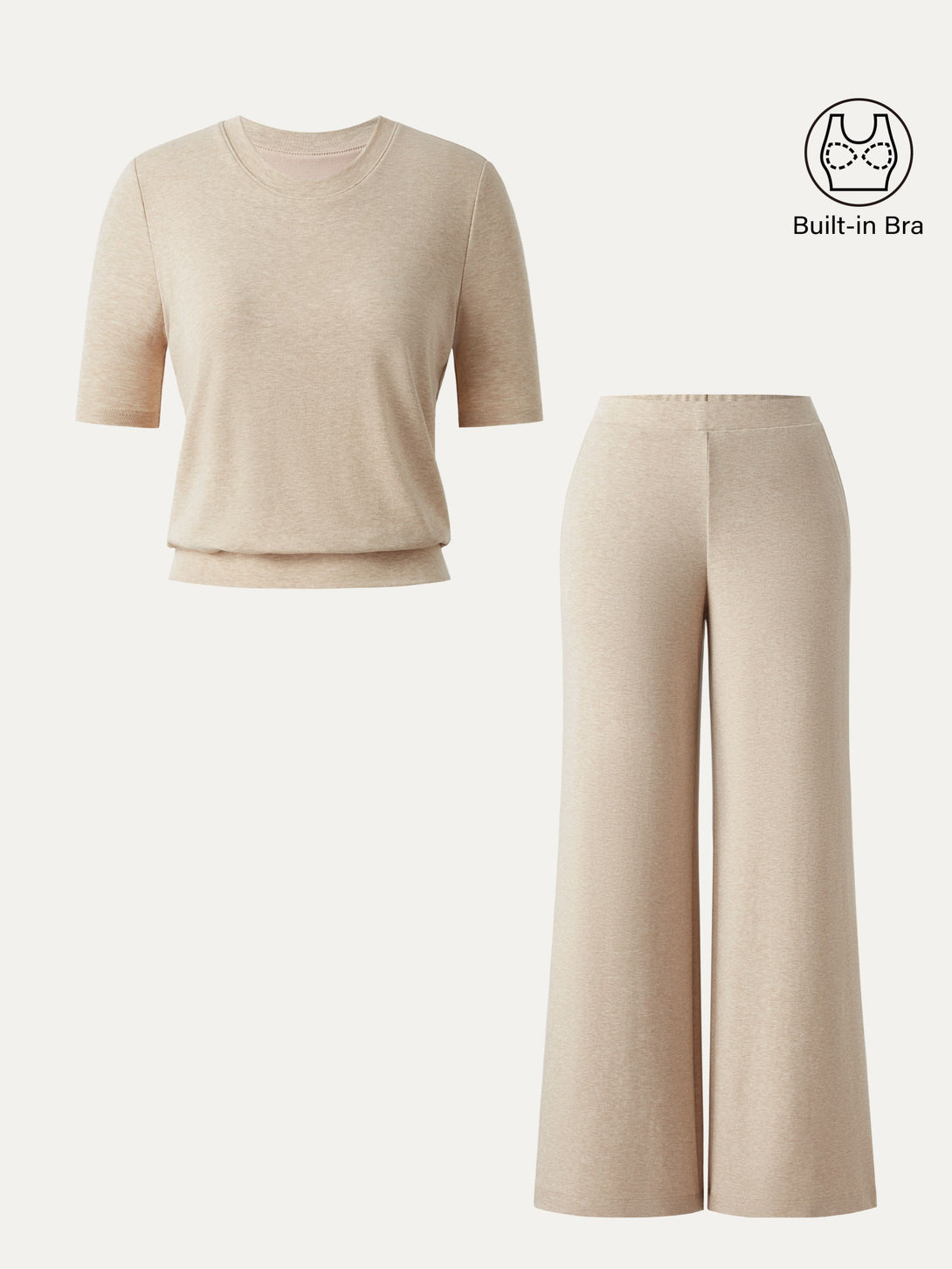 2Pcs Set Petite Mid Rise Wide Leg Pants with Pockets & Crewneck Brami with Banded Hem Heather Tan XS