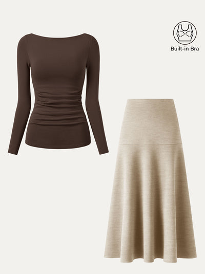 2Pcs Set Boatneck Tucks Brami Top & Flared Maxi Skirt Espresso/Heather Morganite XS