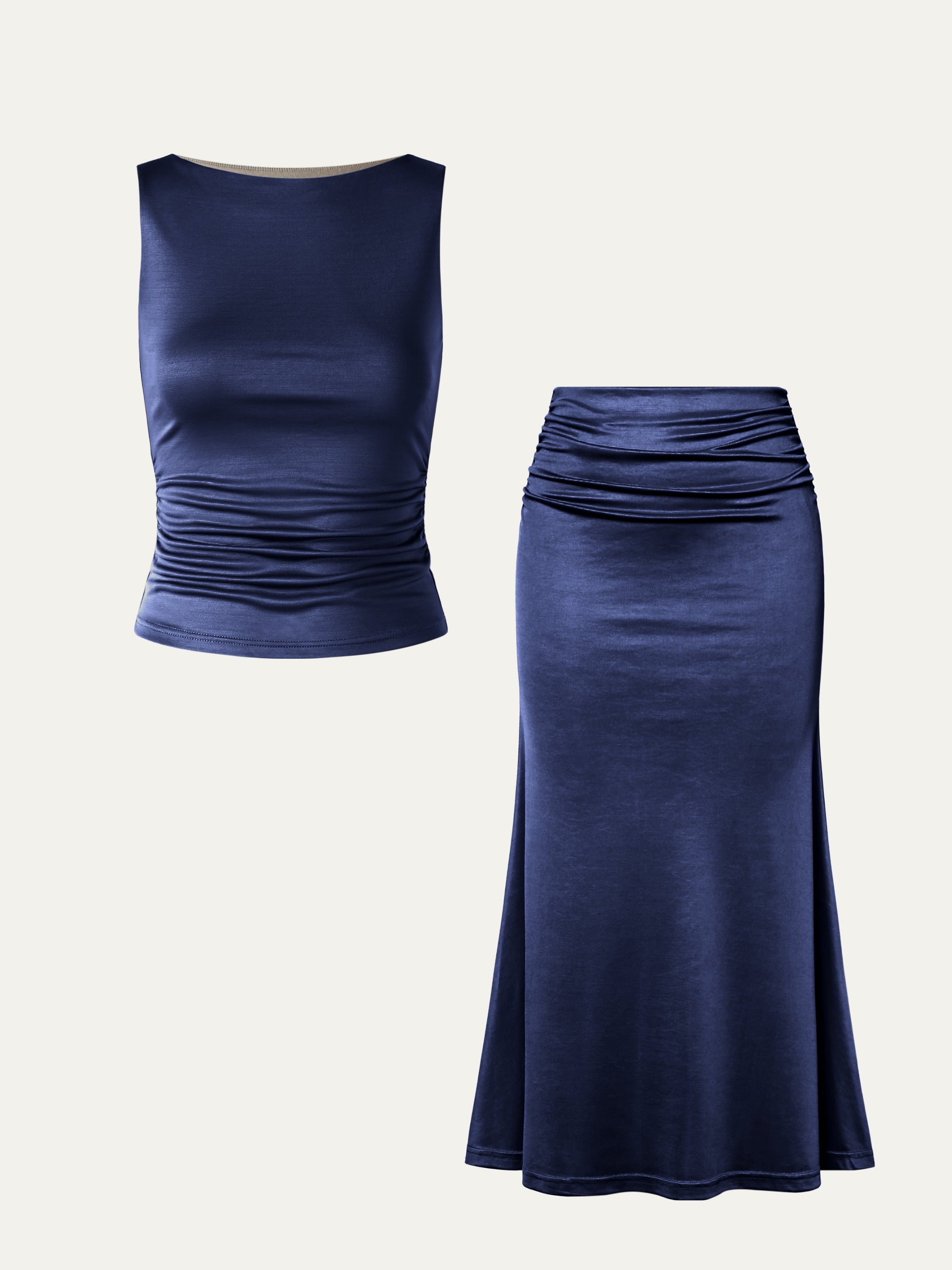 Silk-Like Acetate Boatneck Tank & Mermaid Maxi Skirt 2Pcs Set - Coast