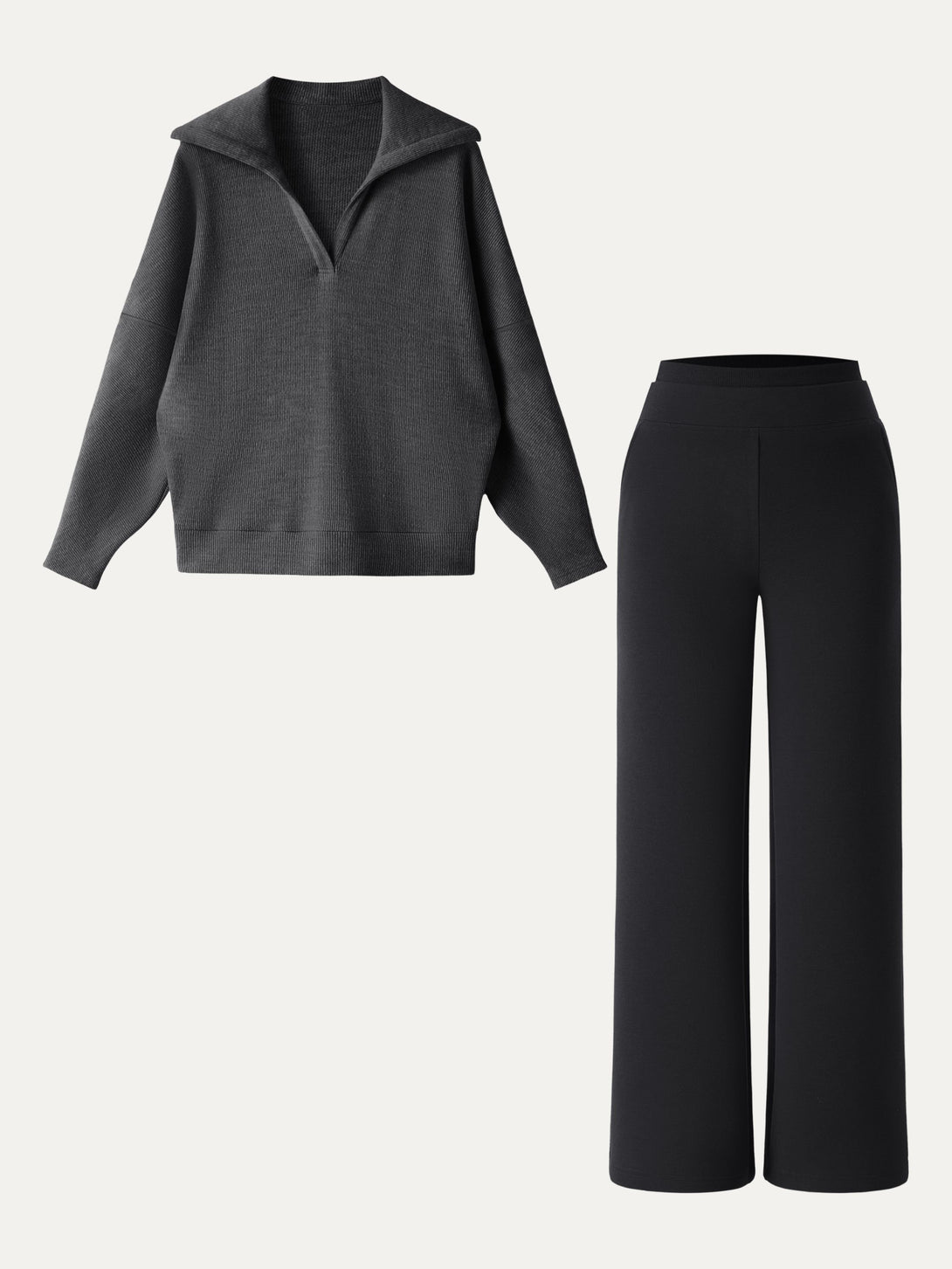 2Pcs Set Regular Double Waistband Straight Pants & V-Neck Batwing Sleeve Pullover