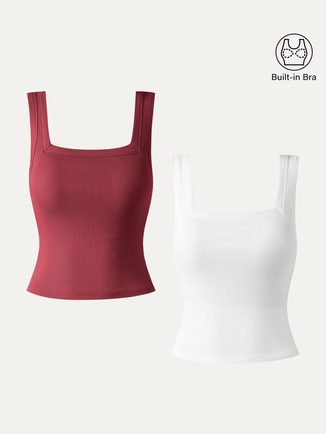2Pcs Set Cropped Slinky Square Open-Back Brami Tank Top White/Carmine Red XS