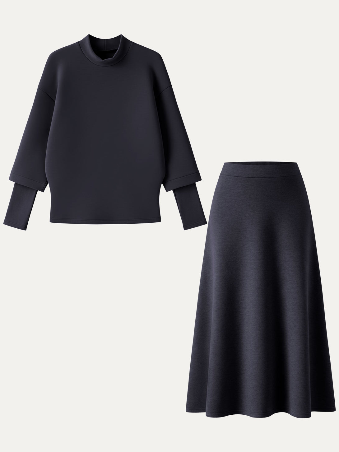 2Pcs Set FuzzLuxe Mockneck Sleeve-Warmer Top & Midi A-line Circle Skirt Black Navy XS