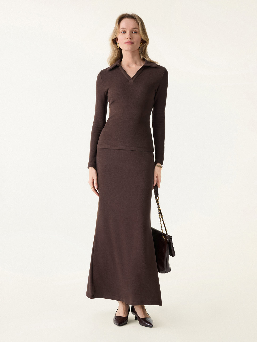 2Pcs Set MaxWarm Polo Neck Top & Tummy-Control Flared Maxi Skirt