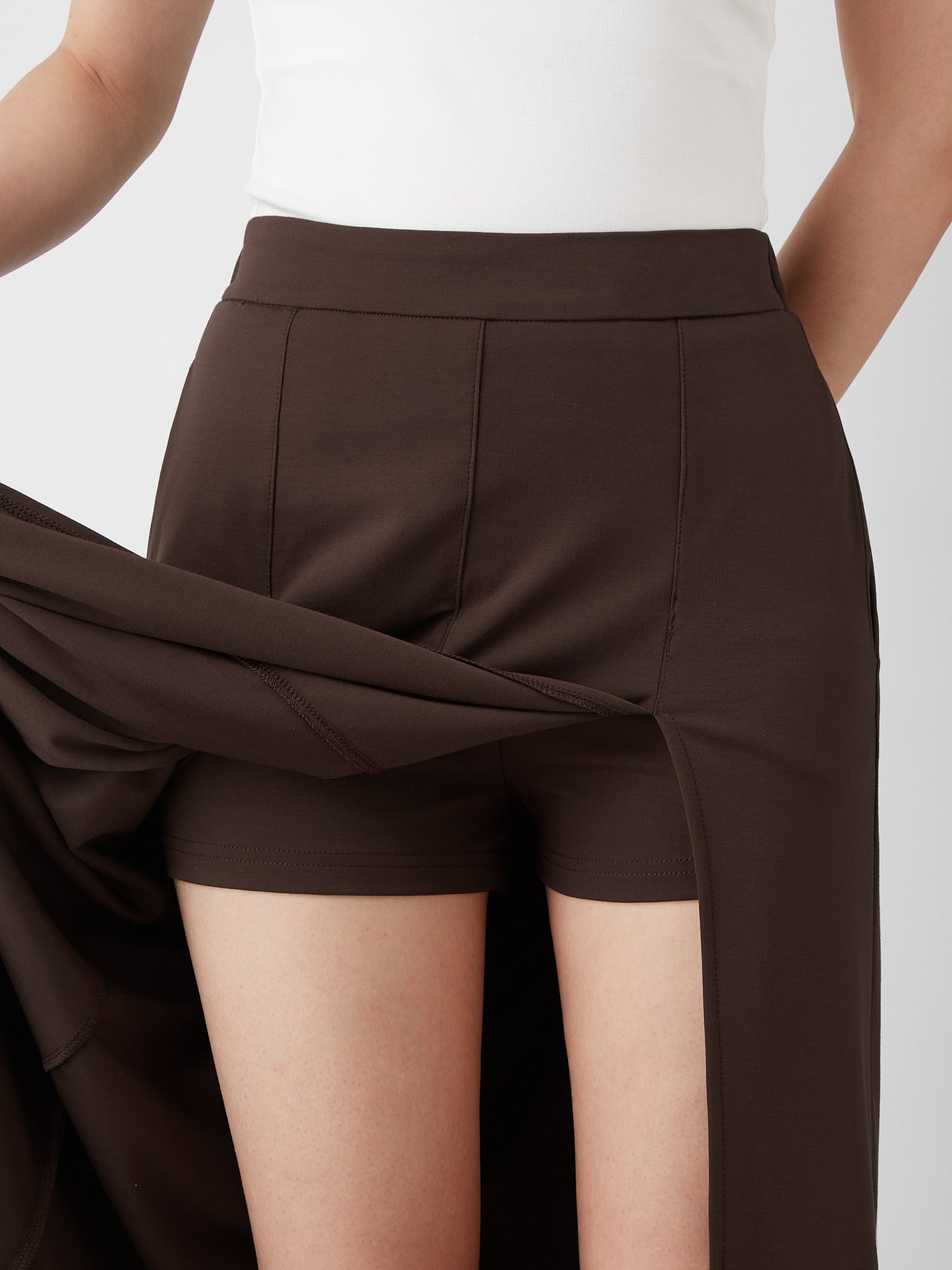 Pleated Slit Midi Skirt with Lined Shorts - Dark Cocoa