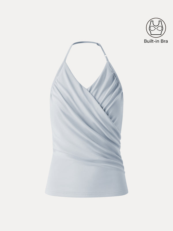 OGLmove Modal Halter Neck Surplice Ruched Bandless Built-In Bra Top Smoke Blue M