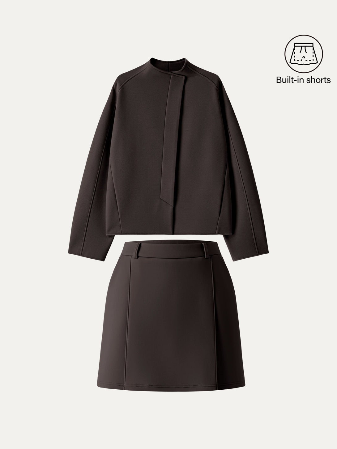 2Pcs Set Stand Collar Cropped Jacket & A-Line Pull on Skorts with Pockets Espresso XS