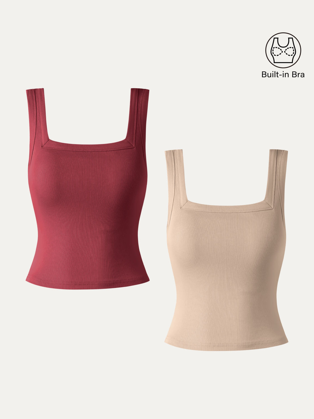 2Pcs Set Cropped Slinky Square Open-Back Brami Tank Top Natural Calico/Carmine Red XS