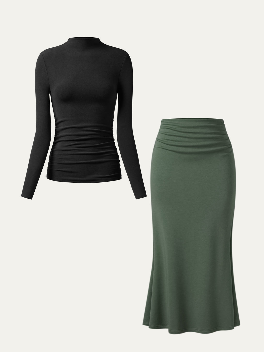 2Pcs Set Ruched Sides Mockneck Top & Mermaid Maxi Skirt Black/Moss XS