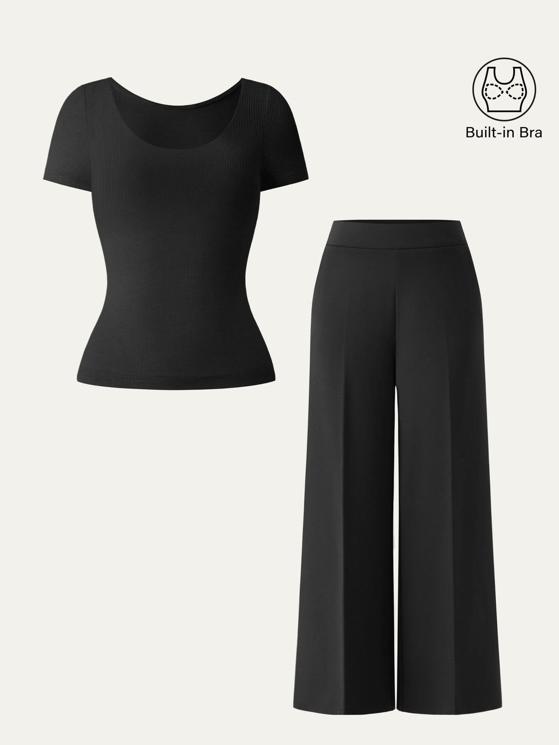 2Pcs Set Scoop Neck Cotton Brami & High Rise Wide Leg Trouser with Pockets Black/Black XS