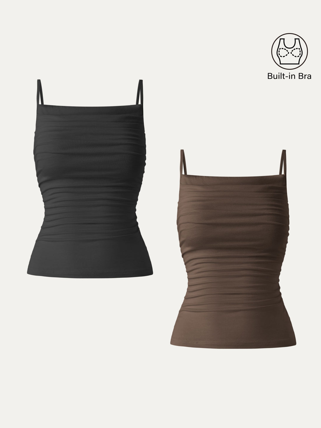 2Pcs Set Adjustable Spaghetti Straps Side Ruched New Airy Brami Black/Cocoa XS