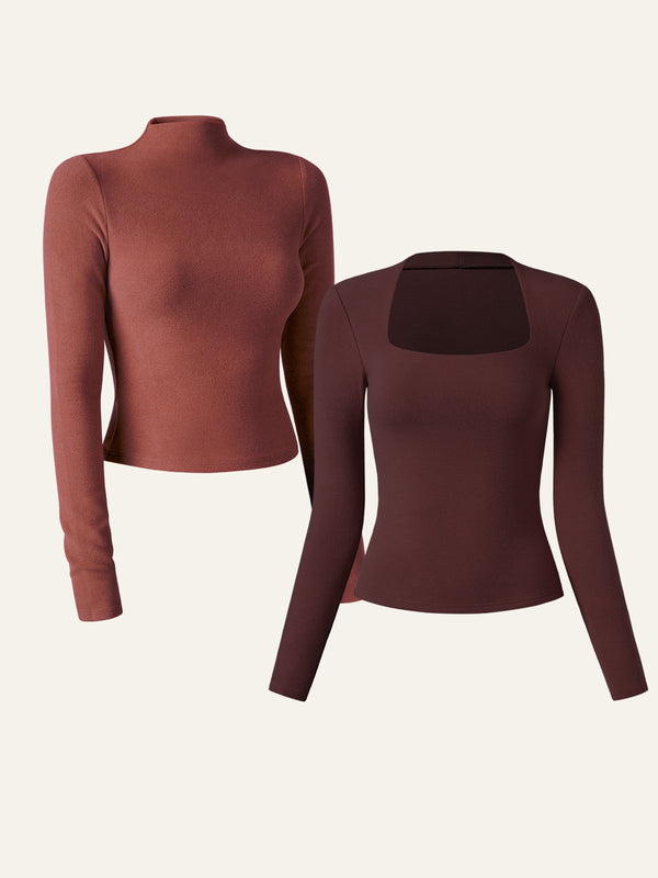 Eco-Mousse® Thermal Brushed Tapered Neck Top & Rib Mock Neck Crop Top 2Pcs Set