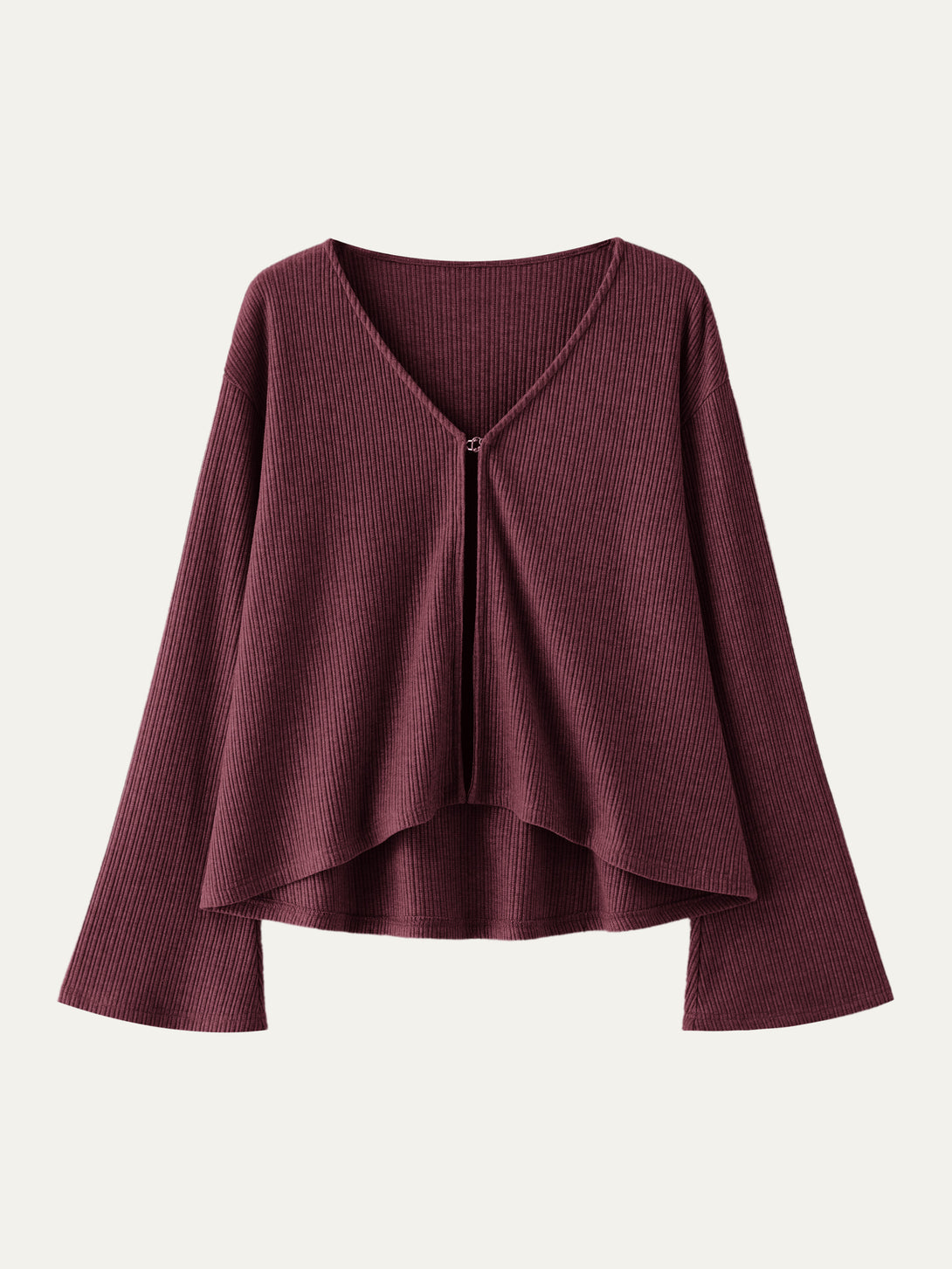 V Neck Flare Long Sleeve Cardigan Wine XS