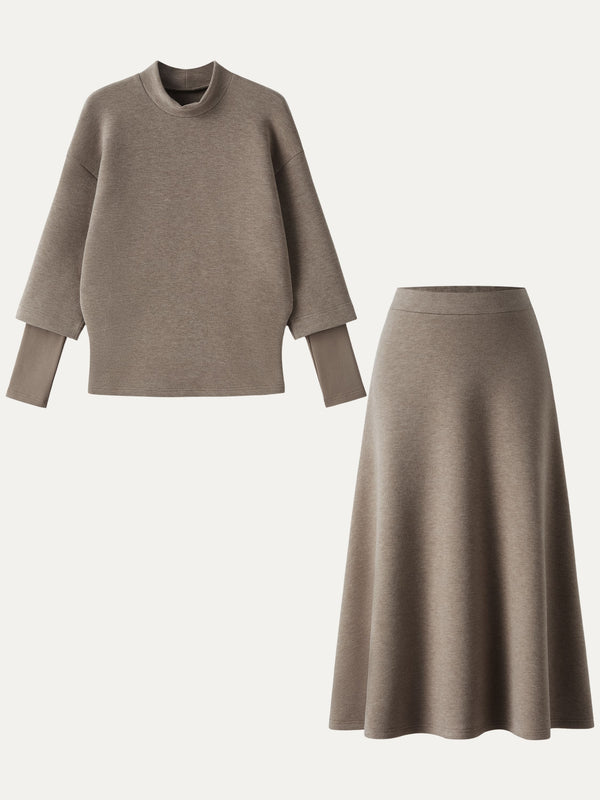 OGLmove 2Pcs Set FuzzLuxe Mockneck Sleeve-Warmer Top & Midi A-line Circle Skirt