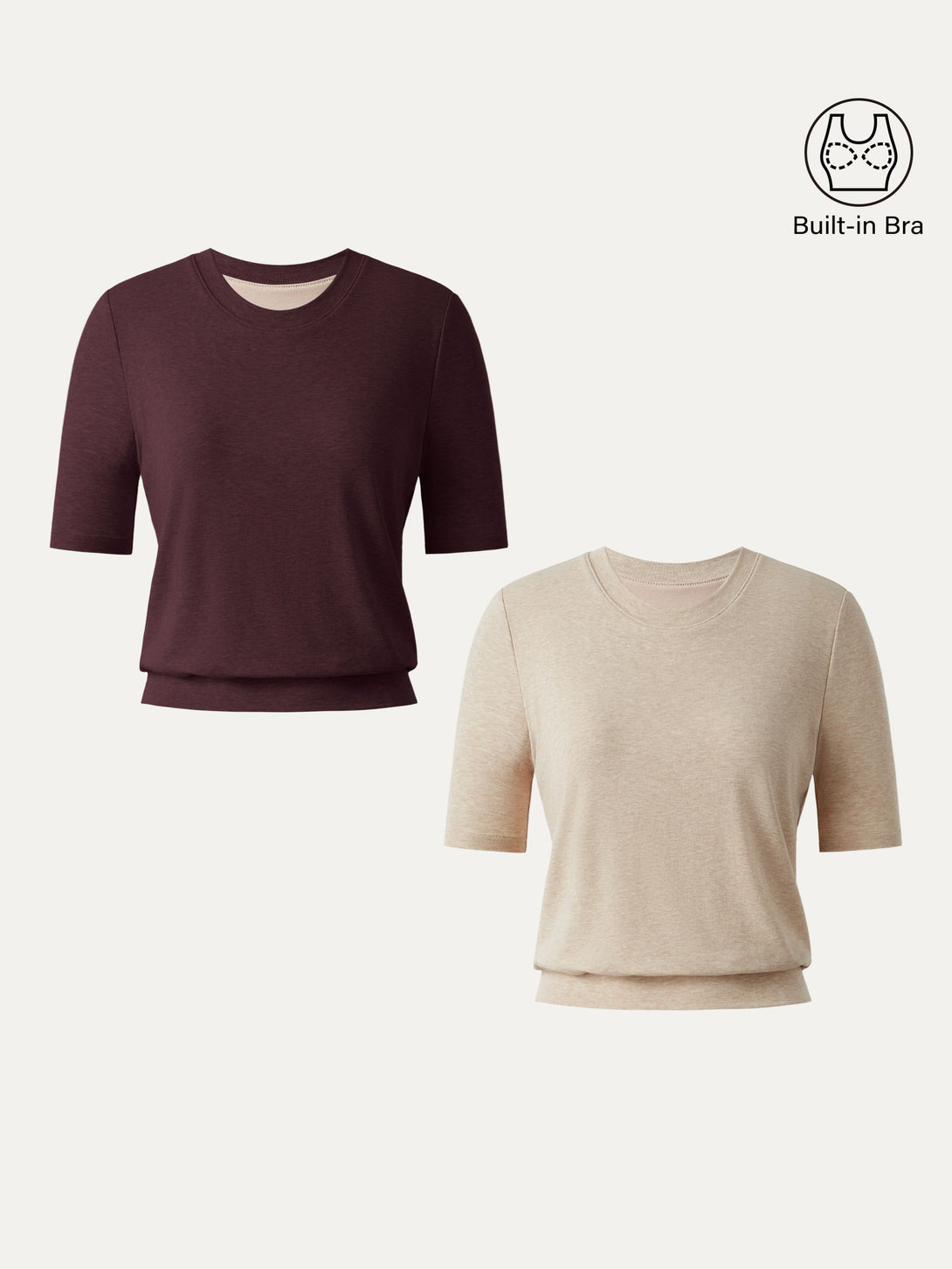 Lyocell Wool Crewneck Brami with Banded Hem Ruby Berry/Heather Tan XS