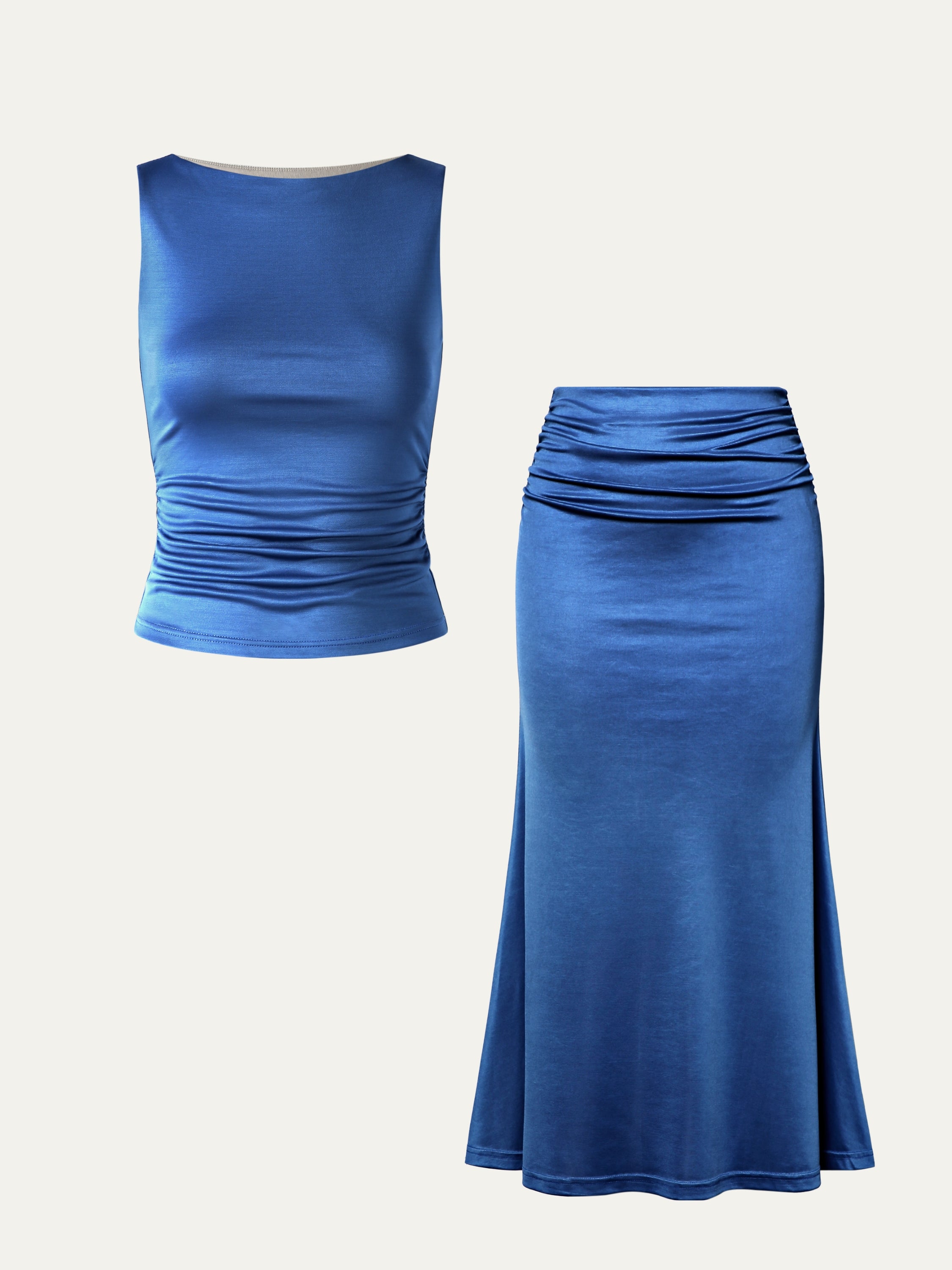 Silk-Like Acetate Boatneck Tank & Mermaid Maxi Skirt 2Pcs Set - Coast