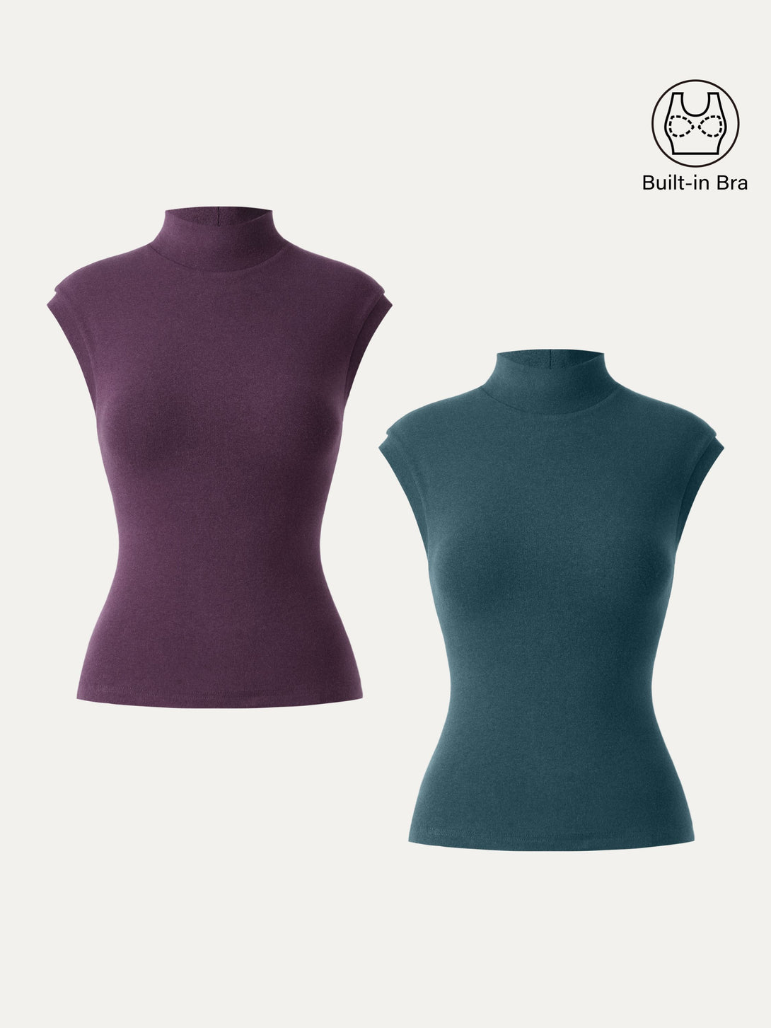 2Pcs Set Stretch Cotton Mock Neck Cap Sleeve Brami Top Deep Fig/Deep Water XS